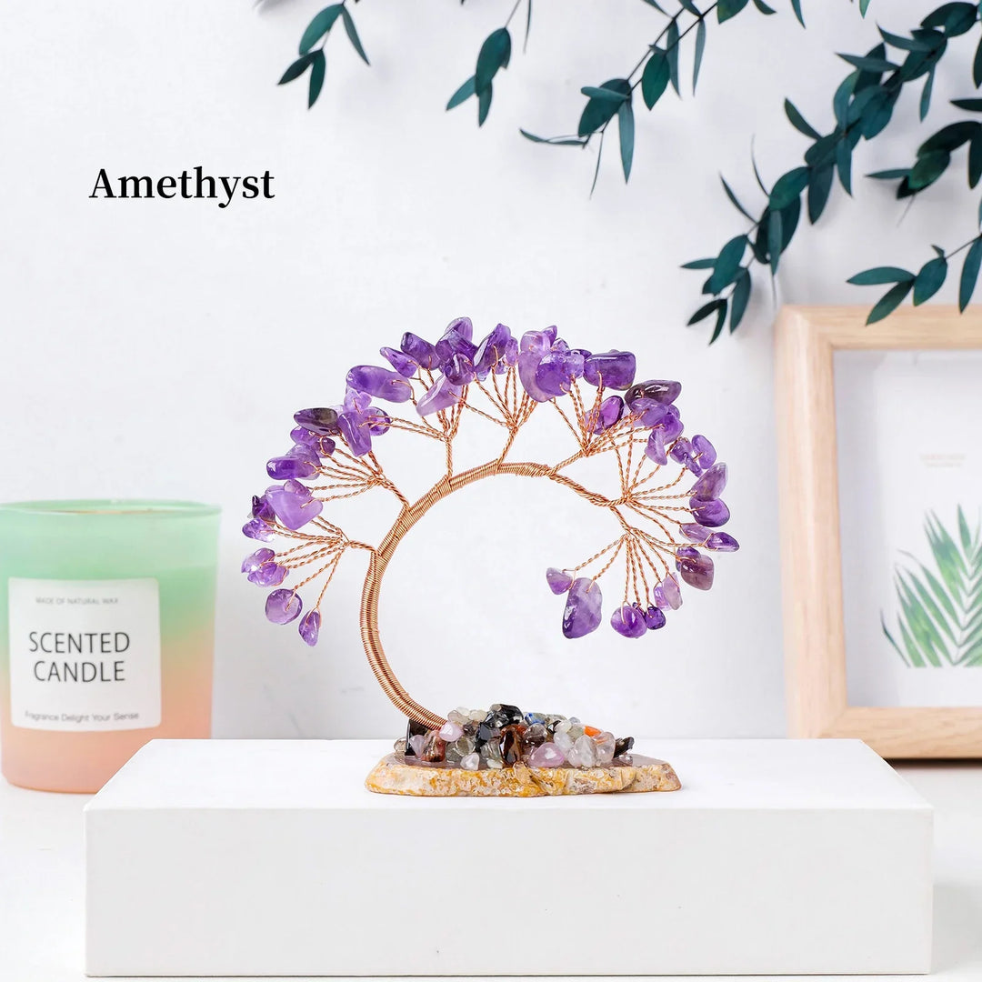 Amethysta | Arbre de bonheur en cristal naturel avec base en tranches d'agate – Arbre Feng Shui fait à la main pour la prospérité et l'harmonie