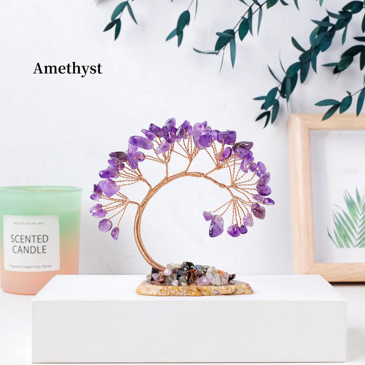 Amethysta | Arbre de bonheur en cristal naturel avec base en tranches d'agate – Arbre Feng Shui fait à la main pour la prospérité et l'harmonie