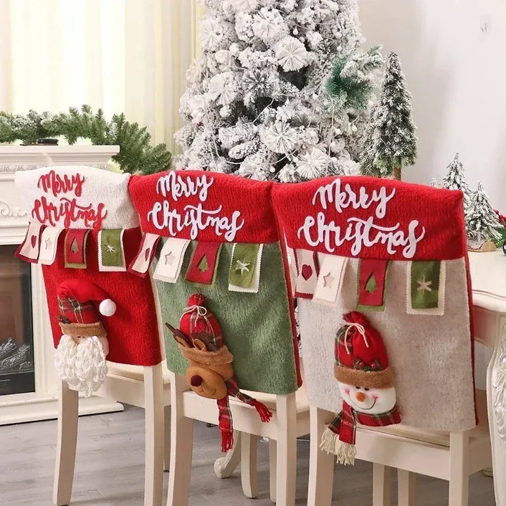 Housse de chaise de Noël MerrySeat | Design Père Noël, Bonhomme de neige & Renne | Housse de chaise en tissu | Décoration réutilisable pour Noël