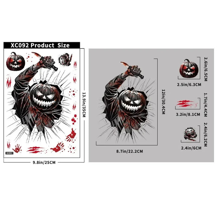 Autocollants de fenêtre HorrorPumpkins | Ensemble d'autocollants Halloween | Citrouille, crâne, empreintes de mains ensanglantées & chauves-souris | Réutilisables