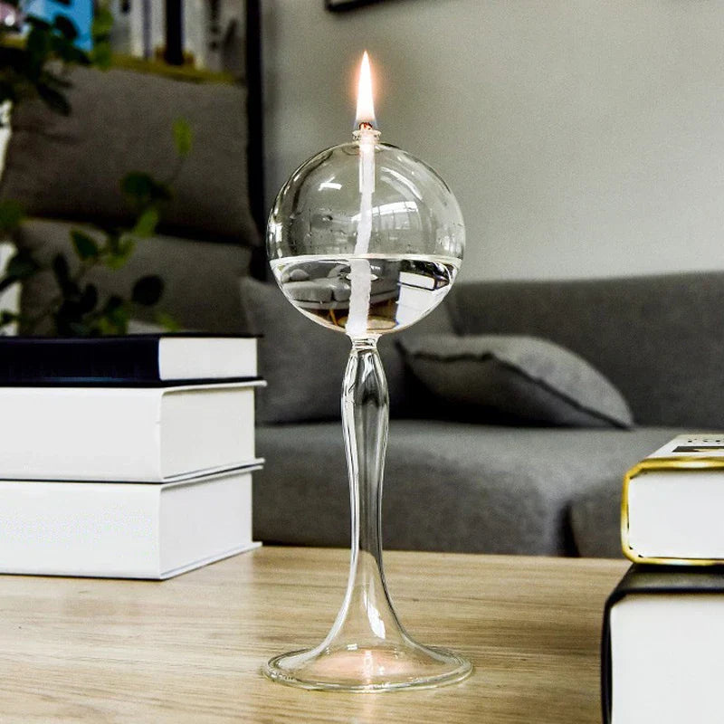 VetroLuce Lampe à huile | Forme sphérique avec pied haut | Verre borosilicate transparent | 21–25,5 cm
