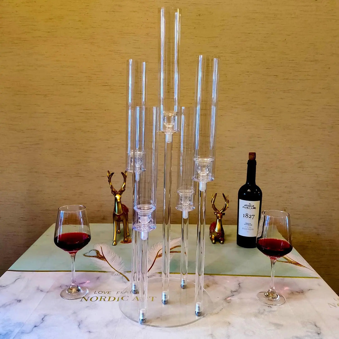 Claréa Support de Bougie en Acrylique | 5 branches & Cristal Clair | Décoration de Table pour Mariage, Fête & Anniversaire | 30×28 cm