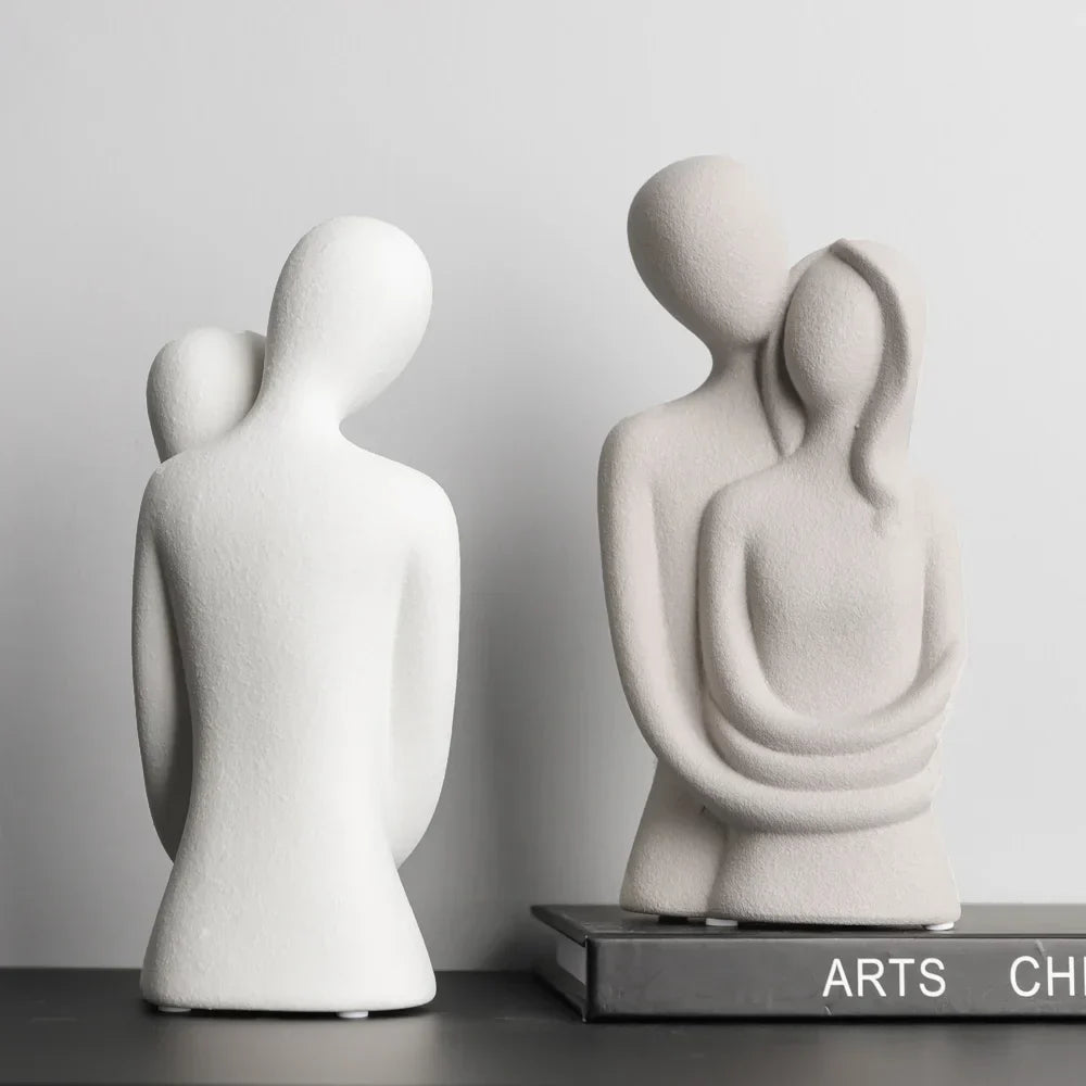 AMORIA Sculpture Couple | Nordique Abstrait | Céramique Mate | Blanc & Gris
