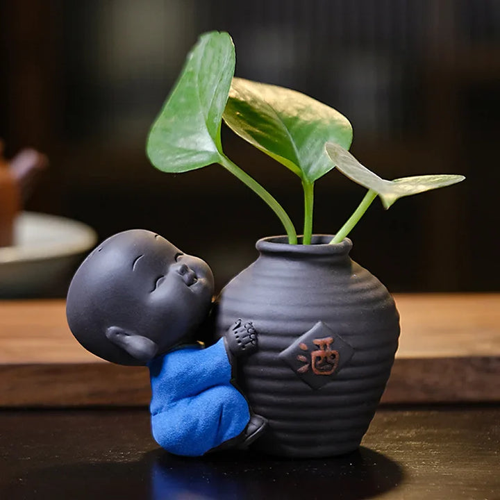 TonSegen Petit Moine en Argile | Argile Pourpre | Porte-Bonheur & Mini-Vase | Décoration Artisanale