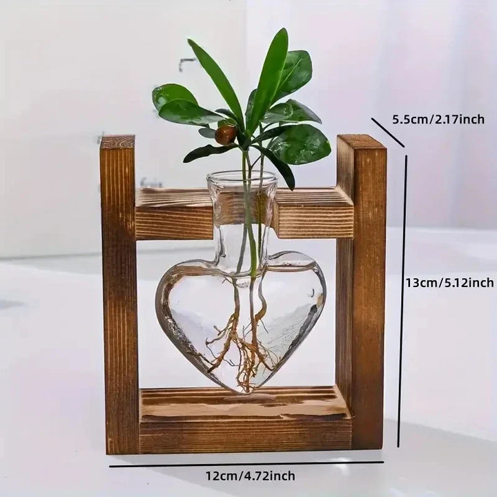 Vase Hydroponique Virella | Verre en forme de cœur dans un cadre en bois | Décoratif & Moderne | Pour boutures & plantes d'intérieur