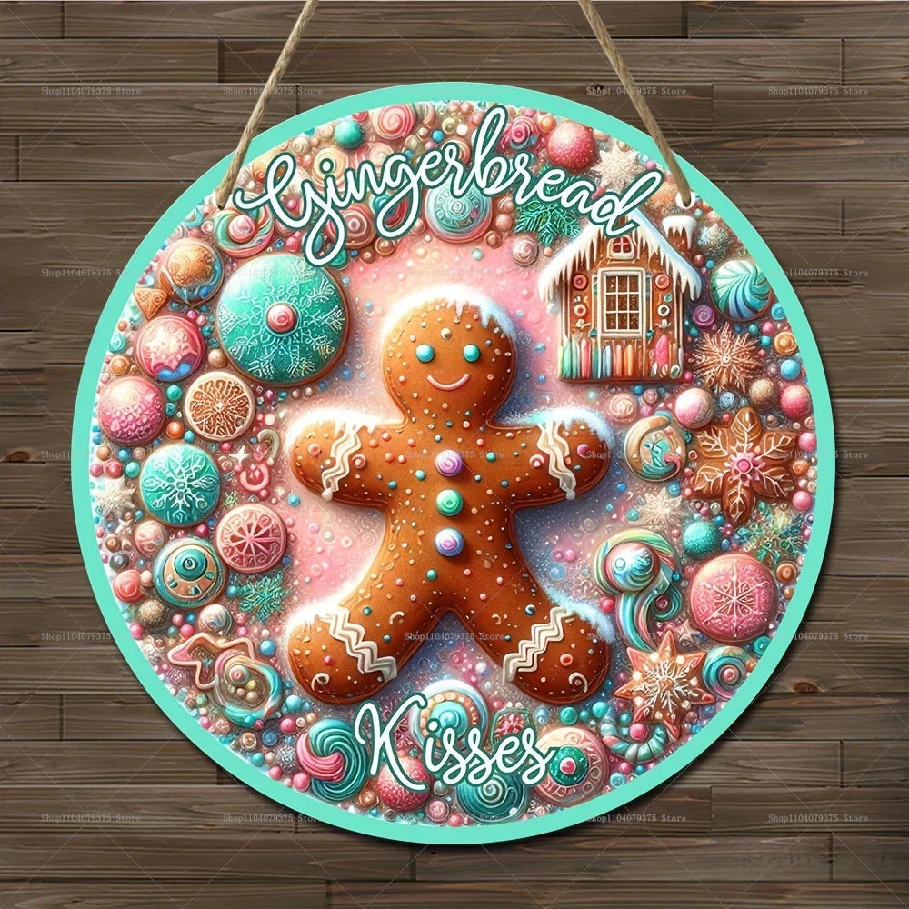 Panneau de Noël en Bois | Suspension Ronde avec Bonhomme de Neige & Père Noël | Décoration de Porte & Mur