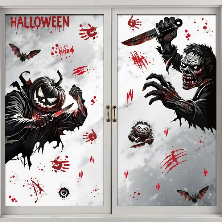 Autocollants de fenêtre HorrorPumpkins | Ensemble d'autocollants Halloween | Citrouille, crâne, empreintes de mains ensanglantées & chauves-souris | Réutilisables
