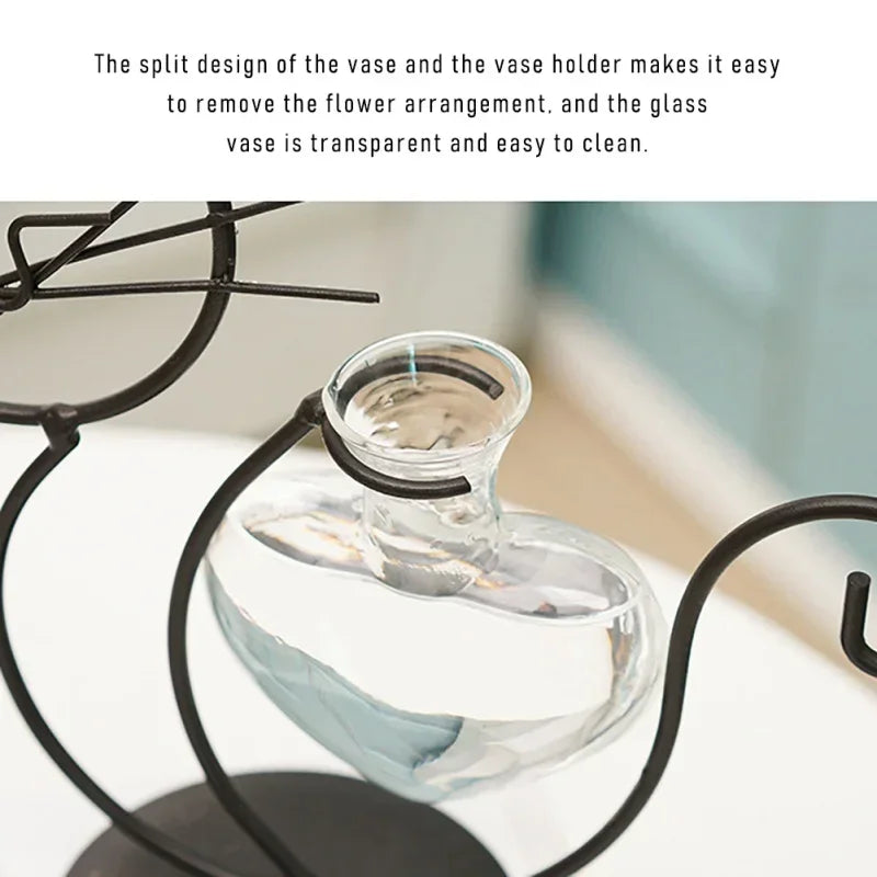 Felora | Vase en verre en forme de cœur pour hydroponie avec support pour chat | Fer forgé fait main & verre borosilicaté