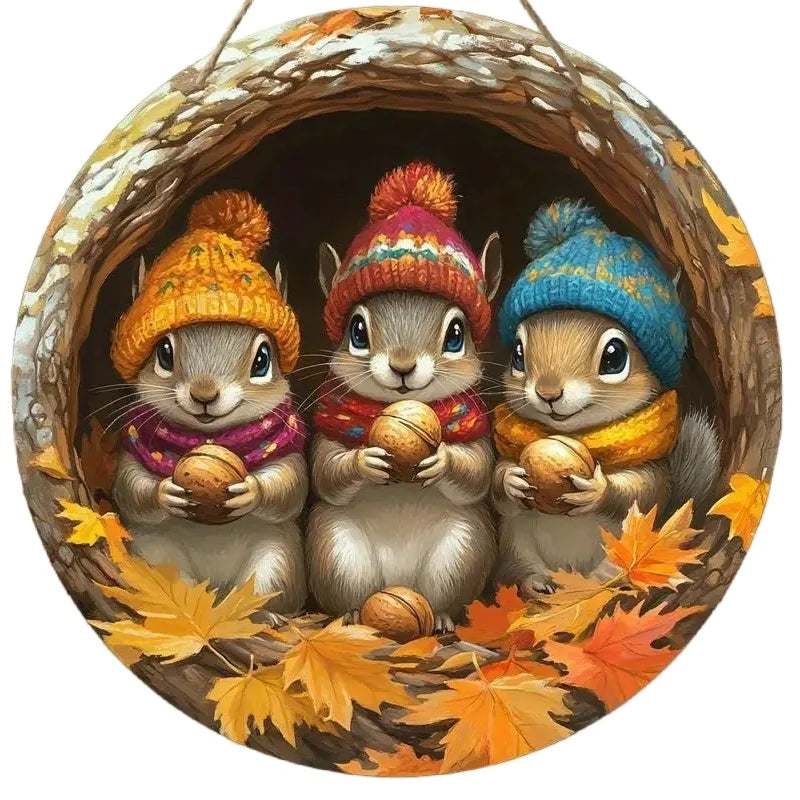 Panneau en bois AutumnTail | Panneau de bienvenue rond avec motif d'écureuil | 20–30 cm | Décoration d'automne et d'hiver faite à la main