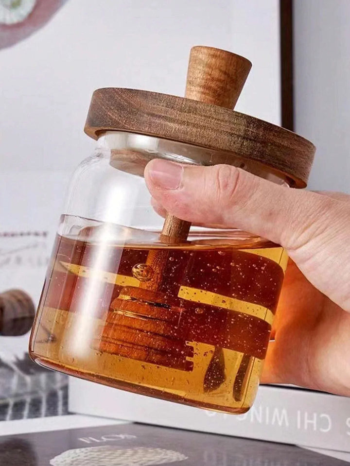 MeliVita Pot de miel avec couvercle en bois & cuillère | Contenant hermétique en verre | Récipient transparent pour miel pour cuisine & table de petit-déjeuner