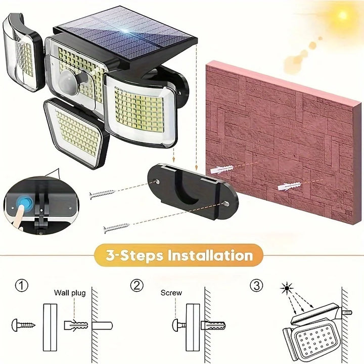Projecteur de sécurité solaire LumiWacht 300° | 4 têtes | 3000 lumens | Détecteur de mouvement & mode dimmable | Étanche IP65
