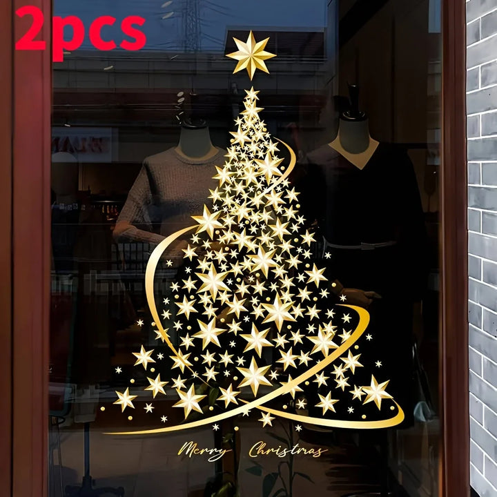 Autocollants de fenêtre GloriaTree | Set de 2 arbres de Noël dorés | Décoration PVC réutilisable pour verre et fenêtres