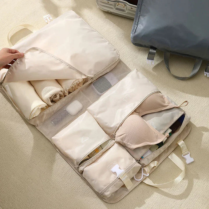 Travella 6-en-1 Sac de rangement de voyage pliable | Suspendu & Portable | Sac multifonction pour vêtements, cosmétiques & accessoires | Gris/Beige/Rose