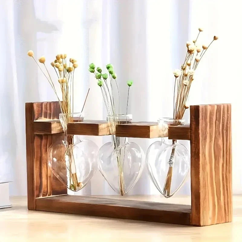 Vase Hydroponique Virella | Verre en forme de cœur dans un cadre en bois | Décoratif & Moderne | Pour boutures & plantes d'intérieur