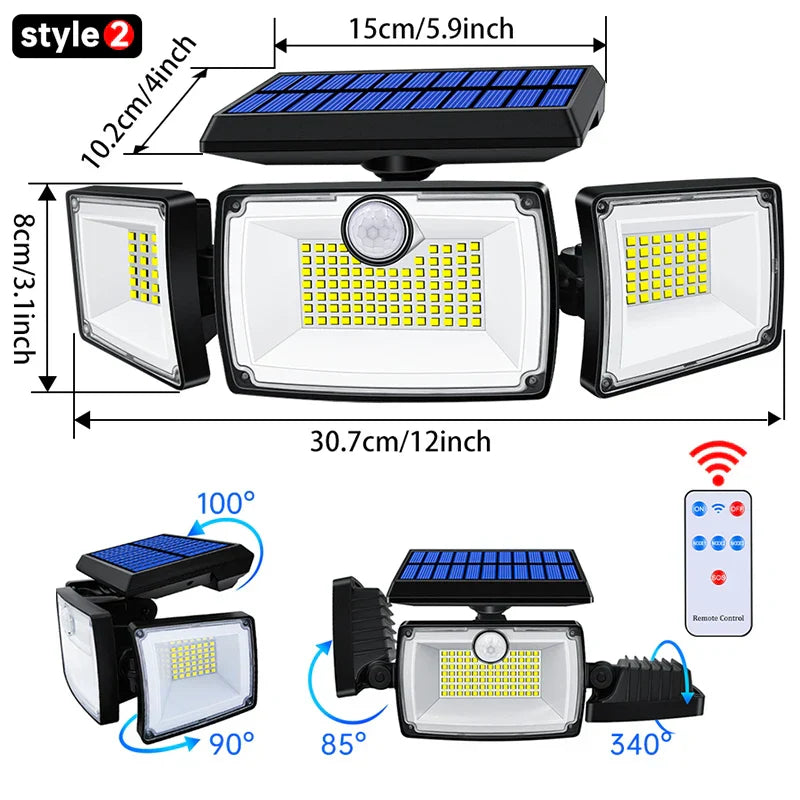 SecuSolar MaxView 167 Projecteur solaire de sécurité 167 LEDs | 3 têtes orientables | Détecteur de mouvement & 3 modes d'éclairage | Étanche IP65 | 2200 Lumens