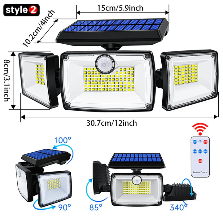 SecuSolar MaxView 167 Projecteur solaire de sécurité 167 LEDs | 3 têtes orientables | Détecteur de mouvement & 3 modes d'éclairage | Étanche IP65 | 2200 Lumens