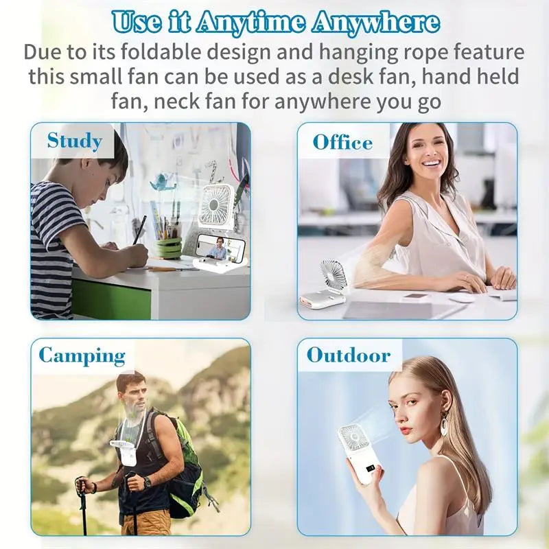 Airlio Ventilateur USB Pliable 3000mAh | Refroidisseur d'air à 4 vitesses | Ventilateur à main, de table & de cou | Fonction Powerbank | Pivote à 180°