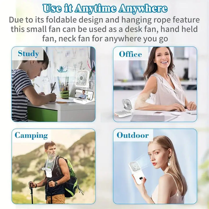 Airlio Ventilateur USB Pliable 3000mAh | Refroidisseur d'air à 4 vitesses | Ventilateur à main, de table & de cou | Fonction Powerbank | Pivote à 180°