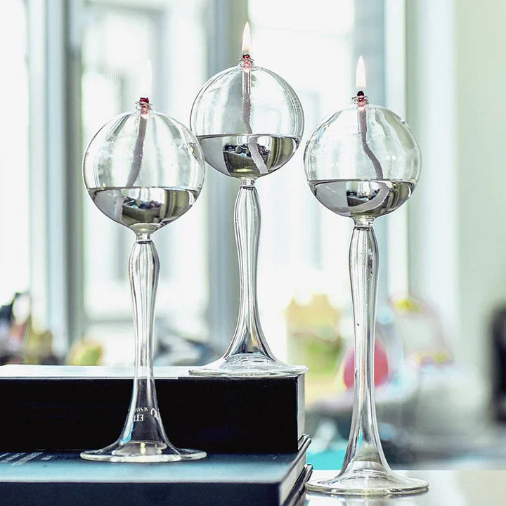 VetroLuce Lampe à huile | Forme sphérique avec pied haut | Verre borosilicate transparent | 21–25,5 cm