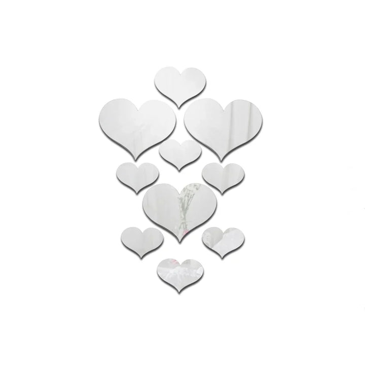 HeartMirro | Autocollant mural 3D en forme de cœur | Effet miroir or et argent | 10 pièces