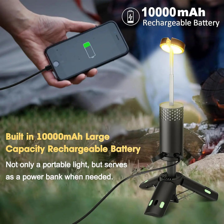 LumaPeak Lampe de Camping | Batterie 10.000 mAh | Design Télescopique & Trépied | Dimmable avec Fonction SOS | Lampe Extérieure & d'Urgence