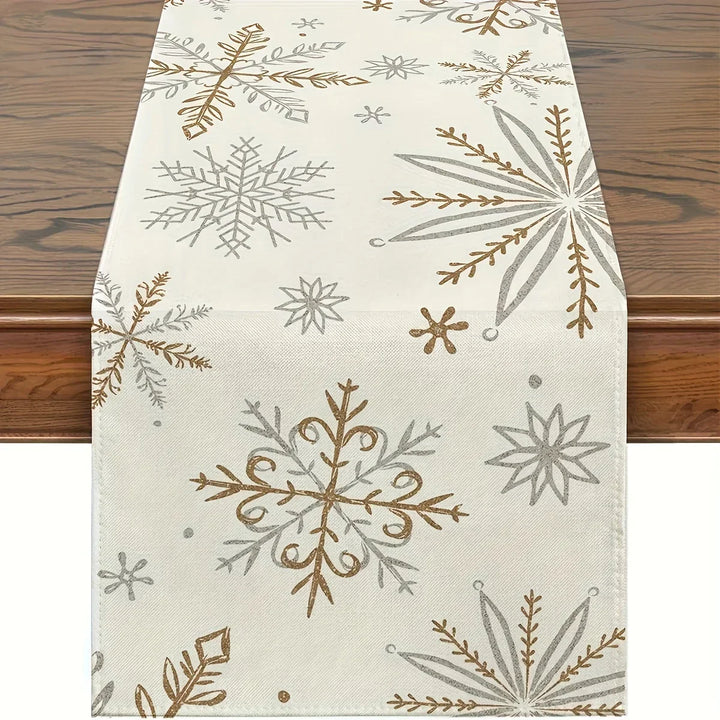 Nordglanz | Chemin de table d'hiver | Décor flocons de neige | Blanc & Or | 33 × 183 cm | Aspect lin