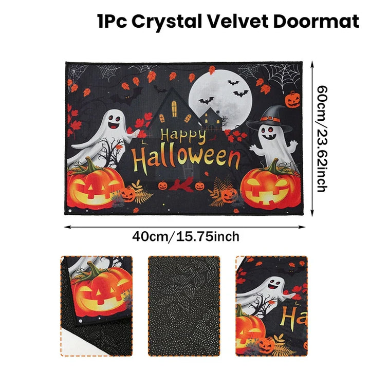 Tapis d'entrée Halloween SpookyHome | Velours Cristal | Citrouilles & Fantômes | Antidérapant & Doux