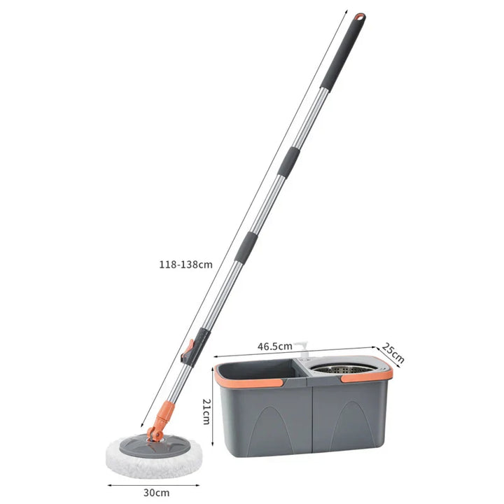 Duocleva Balai à franges avec seau à double compartiment | Manche en acier inoxydable de 138 cm | Tête rotative à 360° | Pour carrelages, bois et stratifié