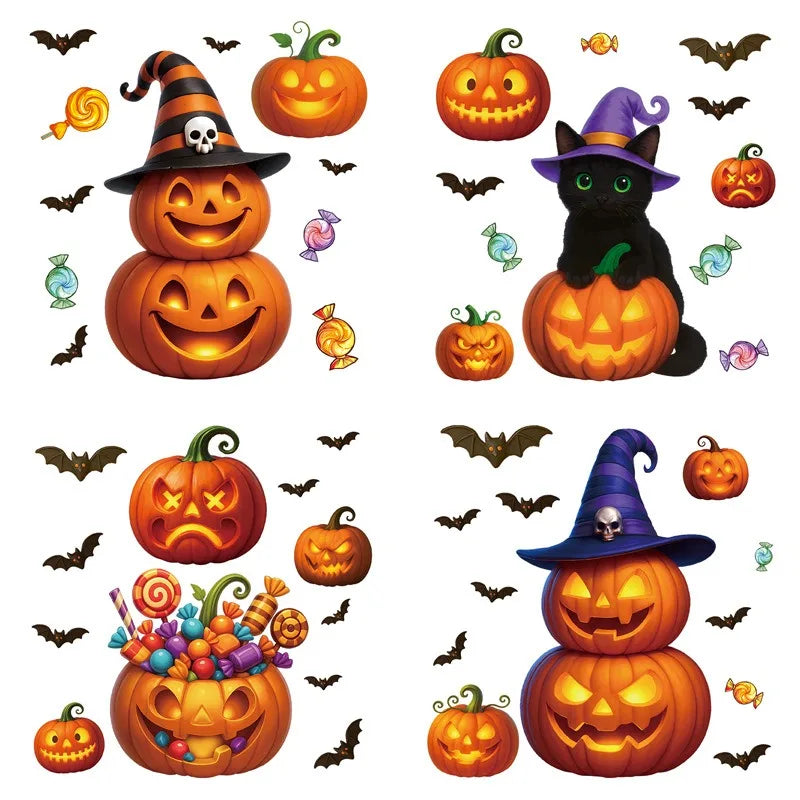 Autocollants de fenêtre SpookyPumpkins | Autocollants de décoration d'Halloween | Citrouille, chat & fantôme | Réutilisables & adhésifs statiques
