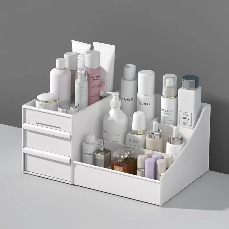 Organisateur de maquillage Cosmevo avec tiroirs | Rangement compact pour le maquillage pour salle de bain et coiffeuse – Blanc, mobile et facile à nettoyer