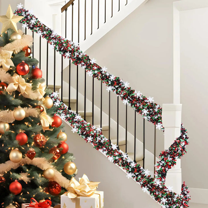 Guirlande de Noël FrostGlanz | 2 m de lametta flocon de neige | Paillettes métalliques | Décoration pour arbre, plafond et fête