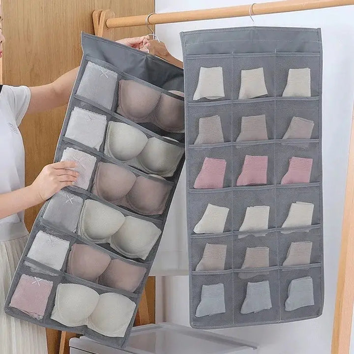 ClosetEase Organisateur de Lingerie Suspendu | Double Face & Pliable | 39×78 cm | Tissu Oxford Gris