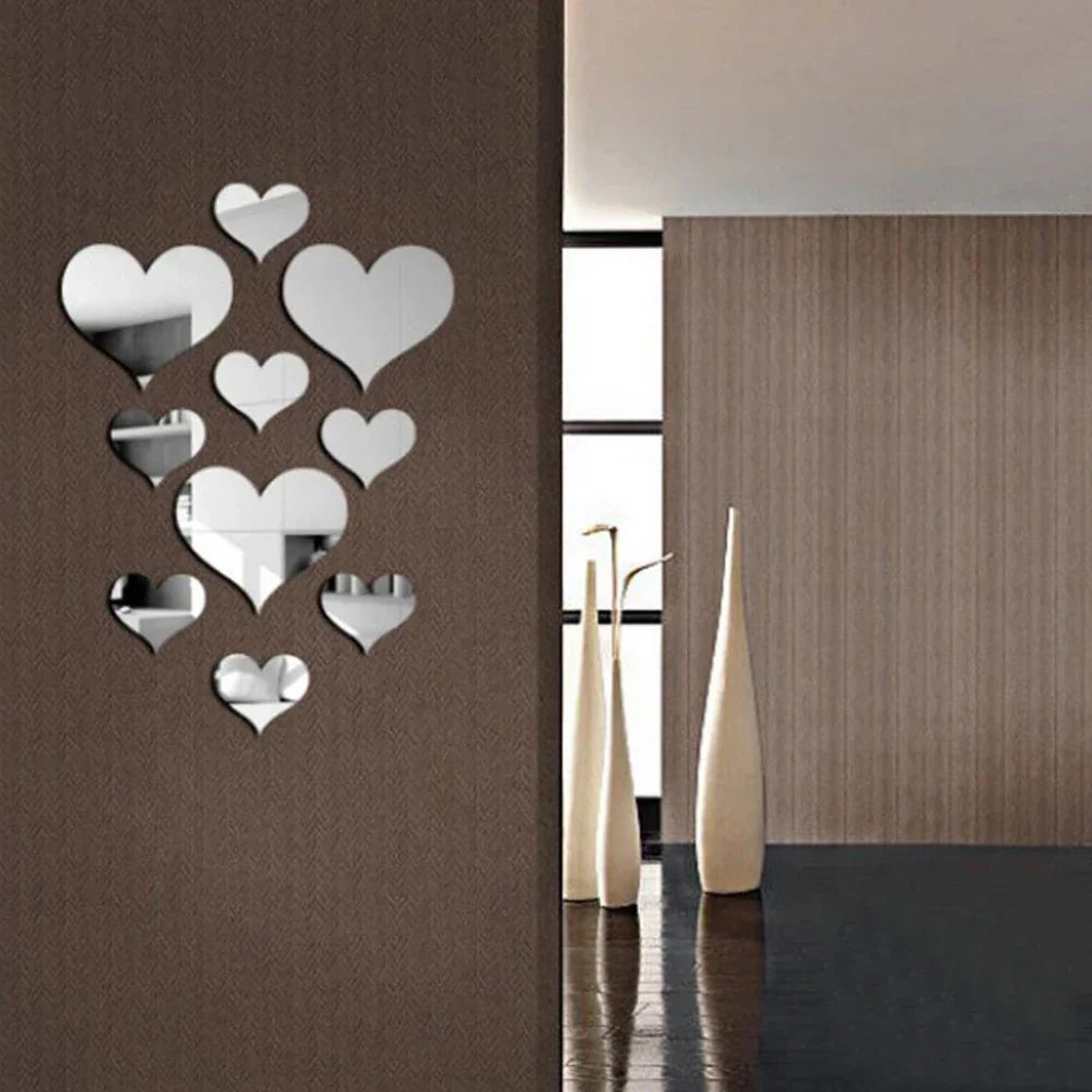 HeartMirro | Autocollant mural 3D en forme de cœur | Effet miroir or et argent | 10 pièces