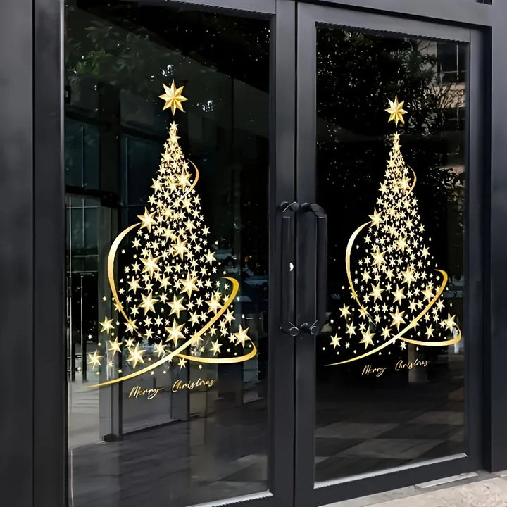Autocollants de fenêtre GloriaTree | Set de 2 arbres de Noël dorés | Décoration PVC réutilisable pour verre et fenêtres