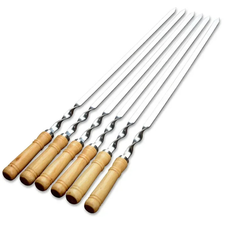 GrillSpear Brochettes de Grill 55 cm | Set de 6 | Acier inoxydable avec poignée en bois de hêtre | Extra Long & Résistant à la chaleur