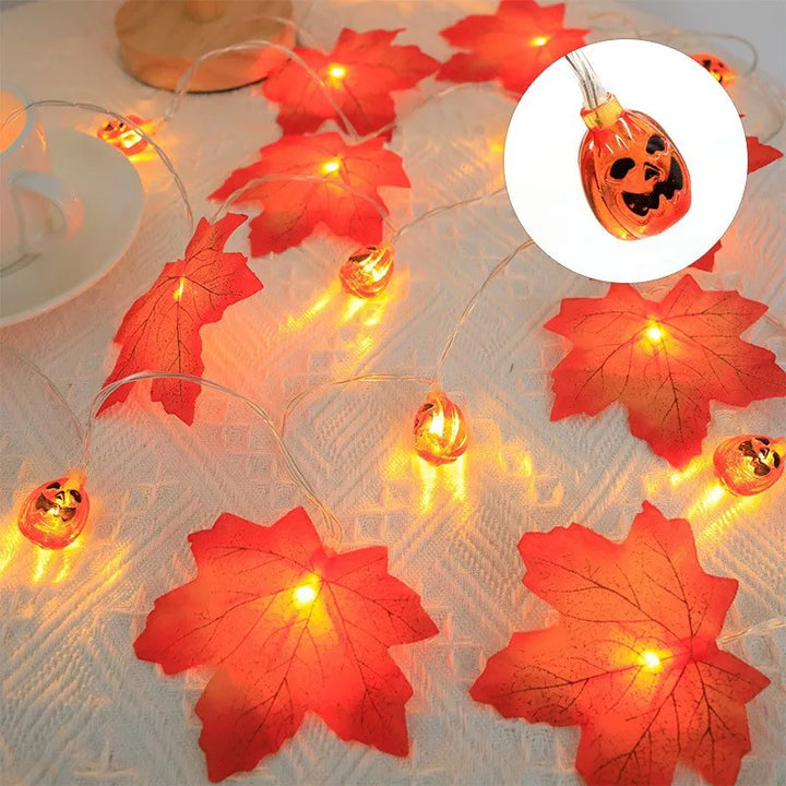 Guirlande d'automne AutumnGlow | 1,5 m | Décoration feuilles d'érable & citrouilles | 5 LED Blanc chaud
