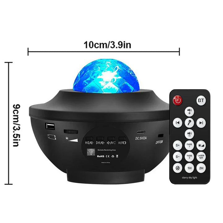 Projecteur d'étoiles GalaxyWave | Lampe de nuit LED & enceinte musicale | Avec Bluetooth & télécommande | Ambiance romantique étoilée & océan