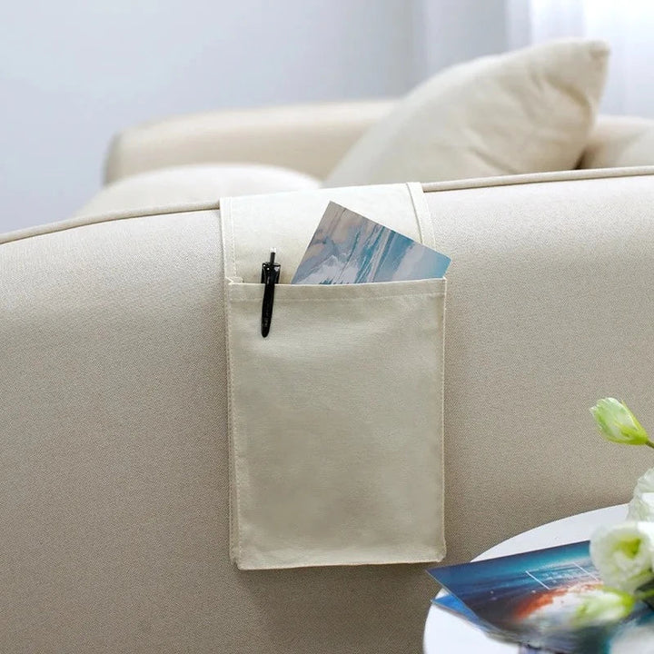 Organisateur de lit Restivo en toile de coton | Rangement suspendu avec poches | Pour télécommande, livres et accessoires – environ 30×20×10 cm