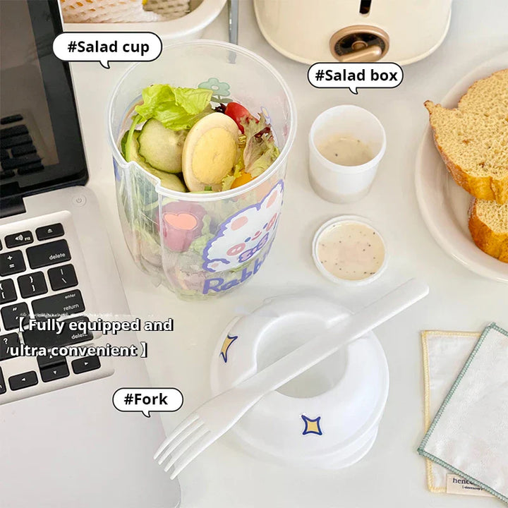 Salatto Salat-to-go Becher 1000 ml | Boîte à lunch en forme de bouteille avec fourchette & contenant à sauce | Portable & alimentaire | Blanc/Vert