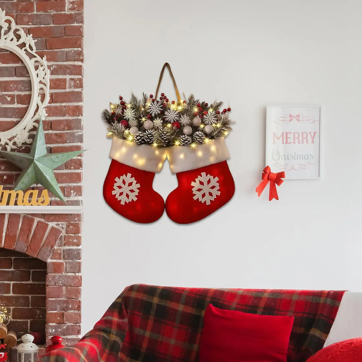 Couronne de Noël | Éclairage LED | Pommes de pin, baies & effet givré | Pour décoration de porte, mur & table