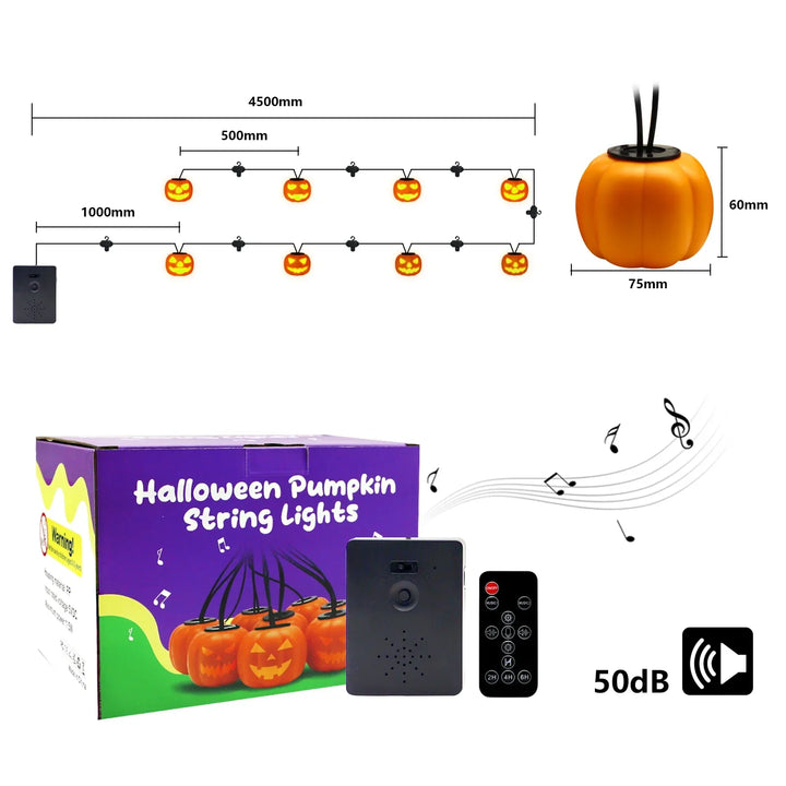 Guirlande lumineuse Halloween PumpkinPhantasm | 4,5 m | 8 citrouilles lumineuses avec mode son & musique | Télécommande & minuterie
