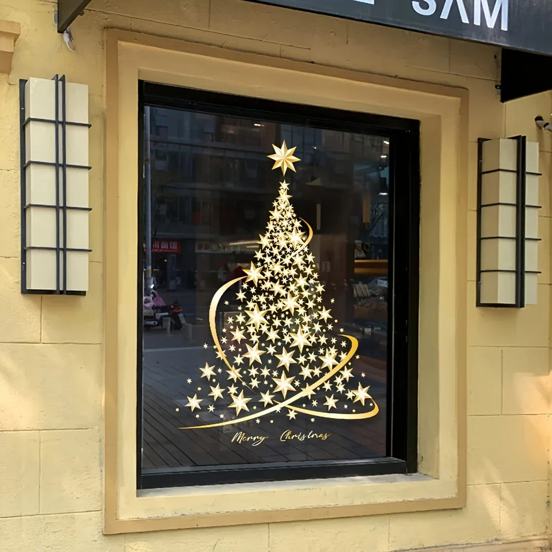 Autocollants de fenêtre GloriaTree | Set de 2 arbres de Noël dorés | Décoration PVC réutilisable pour verre et fenêtres