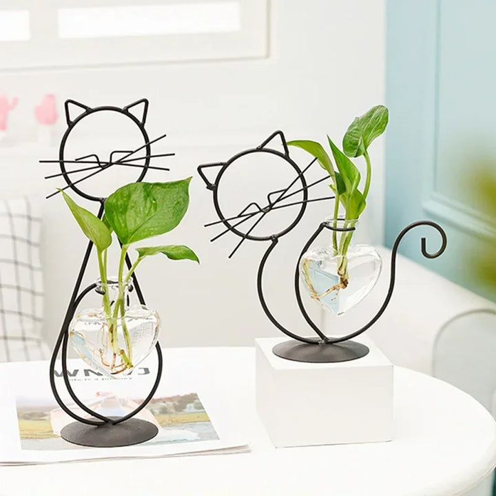 Felora | Vase en verre en forme de cœur pour hydroponie avec support pour chat | Fer forgé fait main & verre borosilicaté