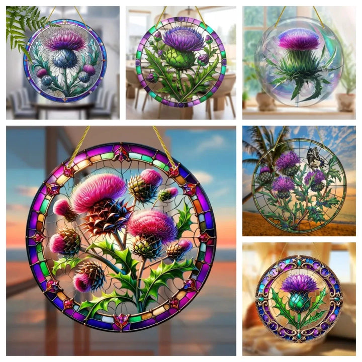 Attrape-Soleil ThistleLight | Décoration de fenêtre en acrylique ronde avec motif de chardon | 15–20 cm | Peint à la main & translucide