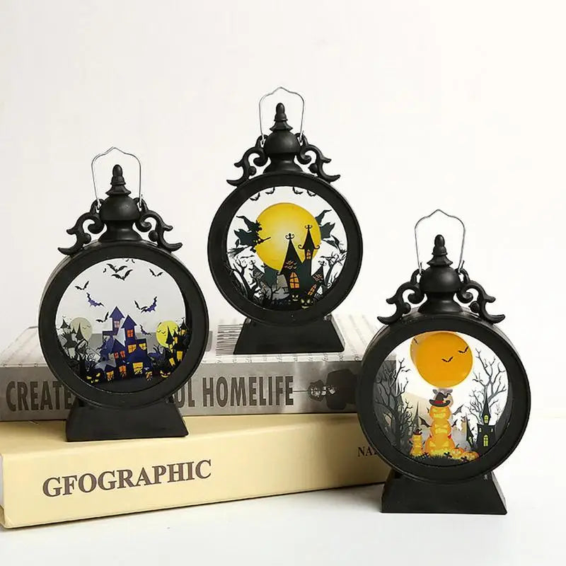 Hexenlicht | Lampe LED Halloween | Château gothique avec citrouille et sorcière | Lumière d'ambiance chaude