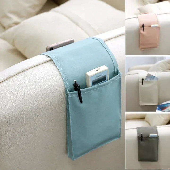 Organisateur de lit Restivo en toile de coton | Rangement suspendu avec poches | Pour télécommande, livres et accessoires – environ 30×20×10 cm