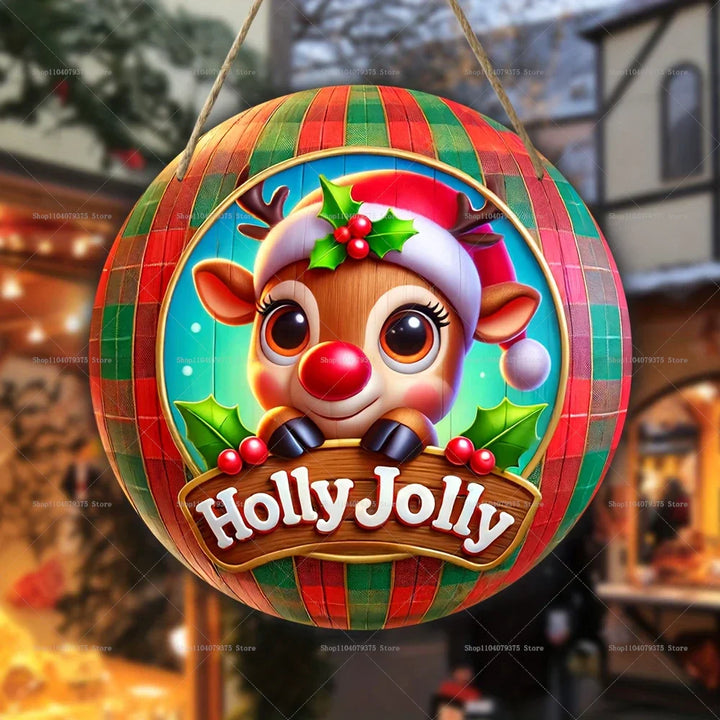 Panneau de Noël en Bois | Suspension Ronde avec Bonhomme de Neige & Père Noël | Décoration de Porte & Mur
