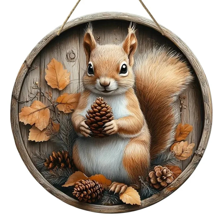Panneau en bois AutumnTail | Panneau de bienvenue rond avec motif d'écureuil | 20–30 cm | Décoration d'automne et d'hiver faite à la main
