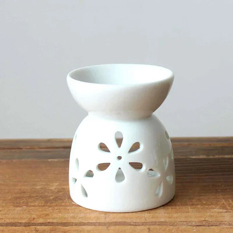 LumiLeaf Lampe à parfum | Céramique faite à la main | Motif floral creux | Pour huiles et cires parfumées