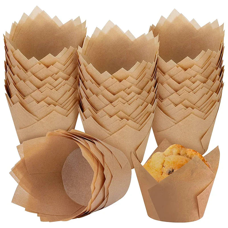 BakeLina Moules à Muffins et Cupcakes en Forme de Tulipe | 200 pièces | Papier de cuisson de qualité supérieure | Résistant à la chaleur & Alimentaire
